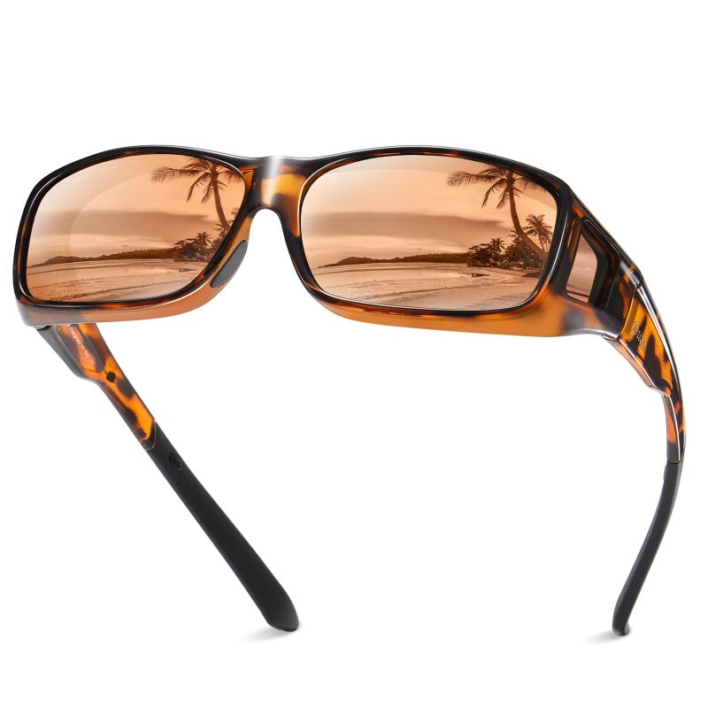 DUCO Polarized Wraparound Fitover Glasses Wear Over Sunglasses for Men Women UV Protection Sun Glasses 8954 (Tortoise Frame Brown Lens) - Image 1